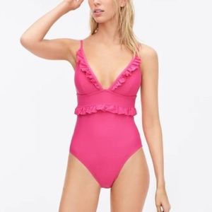 J. Crew Ruffle Deep-V One-Piece Swimsuit Fuchsia